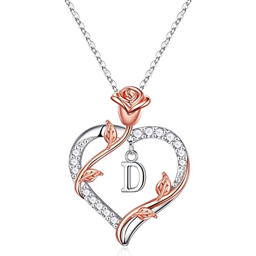 Necklace Gifts For Women Teen Girls, Letter D Initial Necklaces Rose Love Heart Pendant Necklace Christmas I Love You Anniversary Birthday Valentines Gifts For Her Girlfriend Wife Daughter Girl Gifts #TOP30