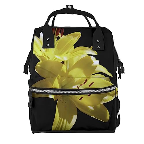 Sac à dos à langer noir avec finitions soignées et imprimé fleuri jaune