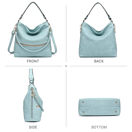 Dasein Hobo Handbags For Women Purses Vegan Leather Shoulder Bags Bucket Purse Large Tote Set With Long Strap (Light Blue) #TOP1