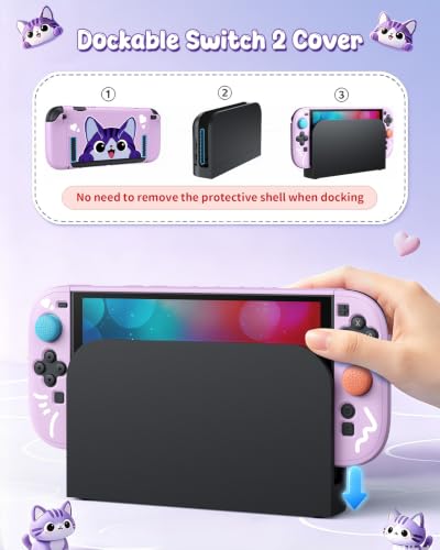 Image of Switch 2 Cute Case, FYOUNG Dockable Kawaii Cat Protective Cover Shell | Full Protection Accessories for Nintendo Switch 2 with Tempered Glass and Thumb Grips, PC Hard Case Anti-scratch Shockproof