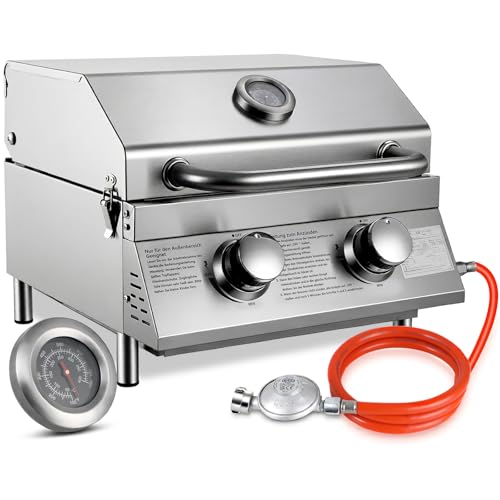 TLSUNNY 2 Brenner Gasgrill Klein, Tragbarer Edelstahl Tischgasgrill Kompakt mit Grillrost, Thermometer, Camping Gasgrill für BBQ, Balkon, Garten, 4.4kW, 42 x33 cm Grillfläche, 4PCS Füße, Edelstahl