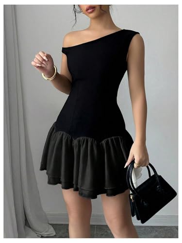 Image of Verdusa Women's Color Block Ruffle Off Shoulder Dress Drop Waist Layered Mesh Mini Dress