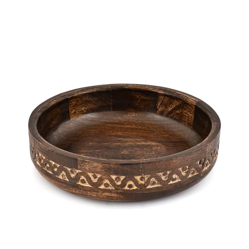 Hanol Cuenco decorativo de madera de mango tallado redondo para mesa de comedor para el hogar, entrada o exhibición de temporada (10 x 10 x 2.5 pulgadas)