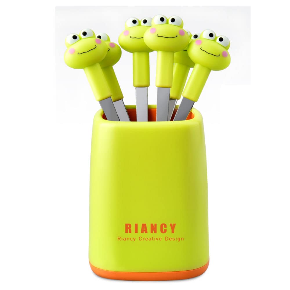 Animal World Fruit Fork 6pcs Set Stainless Steel Flatware Set for Cake Dessert, Appetizer Dessert Fruit Party Supplies Fruits Fork for Home and Restaurant (Frog - Light Green)