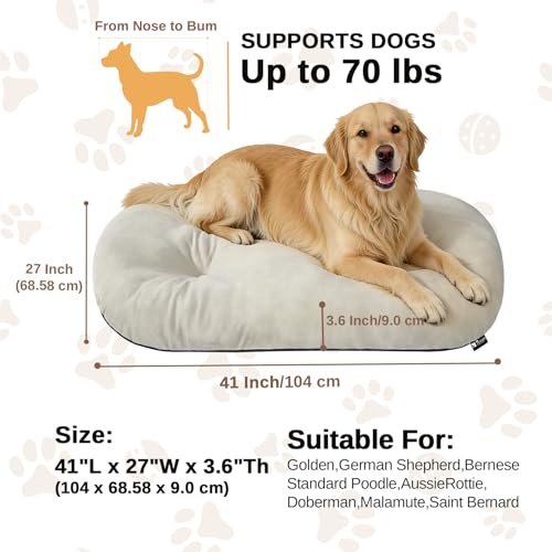 Image of Washable Oval Dog Bed forX-Large Dogs,Silver-Tipped High-Resilience,Beige | Non-Slip Bottom Prevents Sliding, Soft Plush Short Fur, Machine Washable, Ideal for Crates /Apartments /Cozy Nooks,41 inchx27 inchx3.6 inch