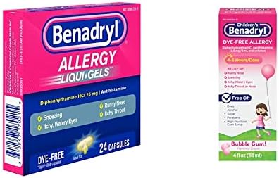 Benadryl Allergy, Dye Free Liquid Gels, Pack of 24 & Children's Dye-Free Allergy Liquid, Diphenhydramine HCl, Bubble Gum, 4 fl. oz