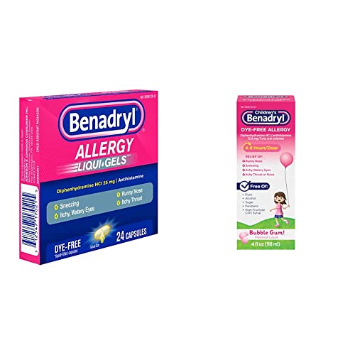 Benadryl Allergy, Dye Free Liquid Gels, Pack Of 24 & Children's Dye-Free Allergy Liquid, Diphenhydramine Hcl, Bubble Gum, 4 Fl. Oz #TOP22