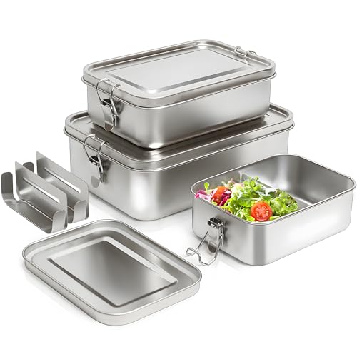 Mazsiwed 304 Stainless Steel Bento Box,3 Pack Stainless Steel Containers With Lids 2400/1400/850ml,Leak-Proof & Stackable Metal Lunch Box Food Storage Containers for Work Work,Picnic