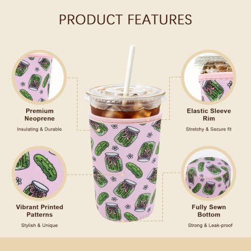 Image of Insulated Neoprene Cup Sleeve for Iced Coffee & Cold Soda - Reusable & Sweatproof, Keeps Drinks Cold Longer, Coffee Coolie for Hot & Iced Drinks (Cute Pickles, Medium: 22-24oz)
