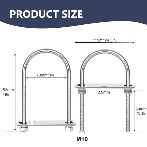 Image of 2 Sets M10 U-Bolts,u-Bolts 3 inch (78mm) Wide,U-Bolts with Nuts | 304 Stainless Steel u-Bolts,Bolt Plate and washers,3 inch u bolt,U Bolt Heavy Duty,u bolts 3 inch wide,Metric thread