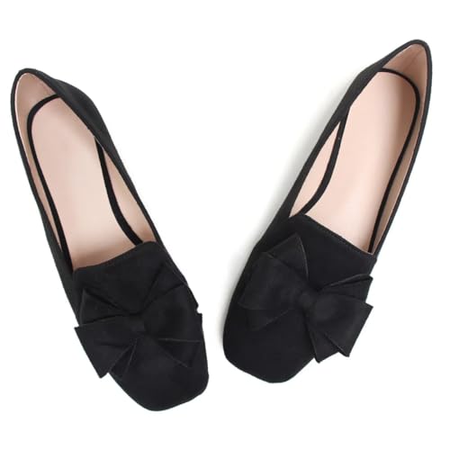 Image of WENJIAZHIZHI Square Toe Bow Ballet Slip-On | Classic Suede Finish,Chic Bow Detail,Effortless Everyday Style,Wedding Party Office,Plus Size Available