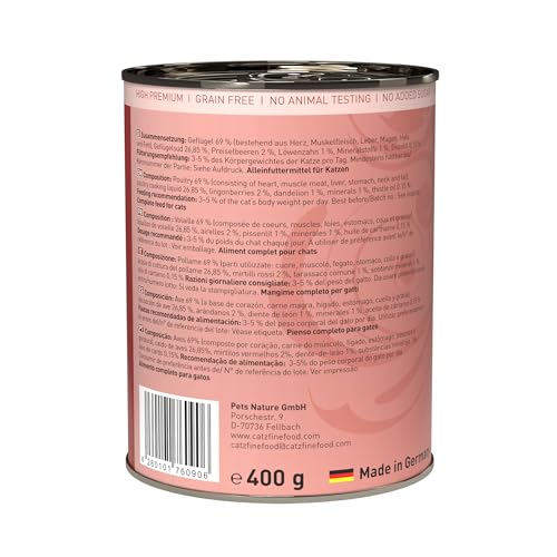 catz finefood N° 3 Geflügel Feinkost Katzenfutter nass, verfeinert mit Preiselbeeren & Löwenzahn, 6 x 400g Dosen