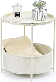 KINGRACK Coffee Round Table, Metal Nightstand, Sofa Side Snack Table, Bedside End Table with Detachable Tray Top and fabric Storage Basket, Scandi Style Lamp Table for Living Room Bedroom (Cream)