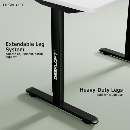 Image of Height Adjustable Electric Standing Desk | Ergonomic Sit Stand Workstation with Walnut Wood Grain Desktop | Motorized Computer Desk for Home Office (Black Frame & White Top, 1200 x 600 mm)