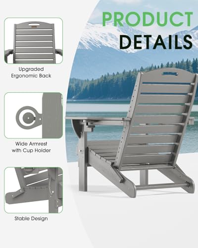 SUUNYN Adirondack Chair Folding HDPE Adirondack Chairs with Cup Holder, Outdoor Fire Pit Chairs All-Weather Lawn Chair for Deck Patio Garden (Grey) - Thumbnail 6