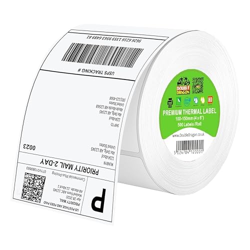 Double Dragon 100 x 150 mm (4x6) Direct Thermal Shipping Labels 500 Premium White Self-Adhesive Labels Roll Compatible with Zebra & MUNBYN Printers for Amazon Royal Mail [1 Roll]