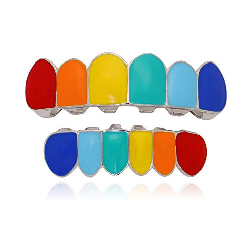 OOCC 18k Gold Rainbow Grillz Vampire Fangs 6 Teeth Top Bottom Set Grills