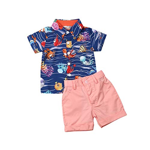 Image of VISGOGO Toddler Baby Boy Flamingo Short Sleeve Button Down Shirt & Casual Shorts Set Summer Outfits 1-6 Years Clothes