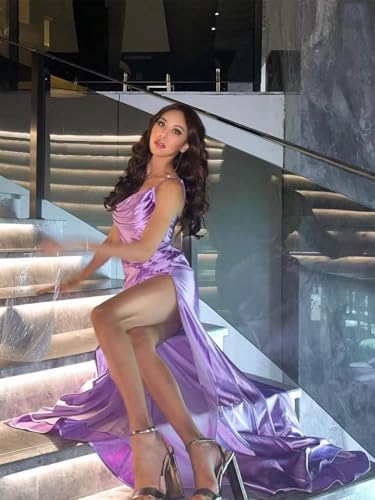 YUAOHUANG Women's Spaghetti Strap Satin Bridesmaid Dresses for Wedding Long Mermaid Formal Evening Gown with Slit3