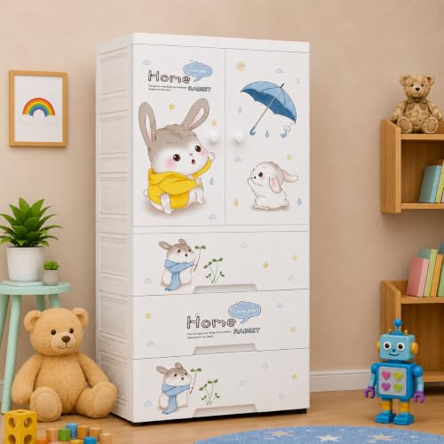 Image of Kids Plastic Collapsible Wardrobe Organizer for Storage with Drawers | Cute Cartoon Design | Heavy Duty Runner Rug Floor Mat Carpets Organizer Bedroom, Living Room (Cute Rabbit, 4+4-Door)
