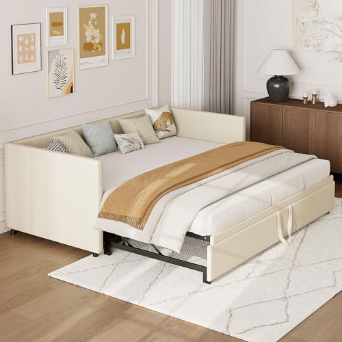 CDQL Moderne Tandemliege mit Zwei Liegeflächen 90 x 200 cm, Schlafsofa Tagesbett mit Ausziehbares Rollbett, Praktisches Jugendzimmer Kojenbett, Gästebett aus Samt, Beige, 99 x 74 x 213cm CDQL Moderne Tandemliege mit Zwei Liegeflächen 90 x 200 cm, Schlafsofa Tagesbett mit Ausziehbares Rollbett, Praktisches Jugendzimmer Kojenbett, Gästebett aus Samt, Beige, 99 x 74 x 213cm