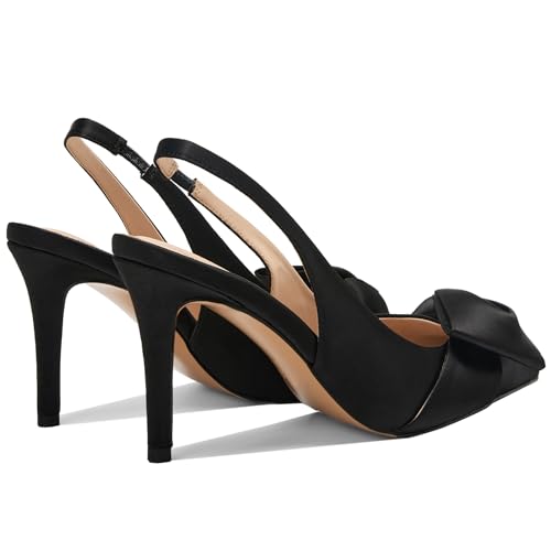 Image of Women's Slingback Heels with Bow Pointed Toe Pumps with Elasticated Strap 3.3 inch High Heels for Evening Dress Shoes