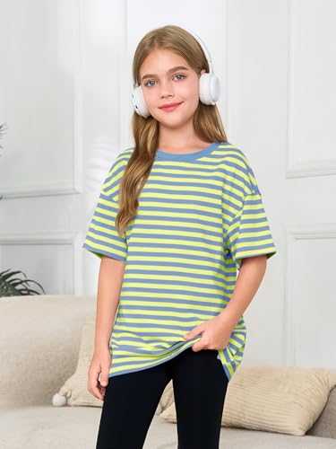 Image of Haloumoning Girls Striped Short Sleeve T Shirts Kids Summer Oversized Tops Casual Crewneck Tees 5-14 Years