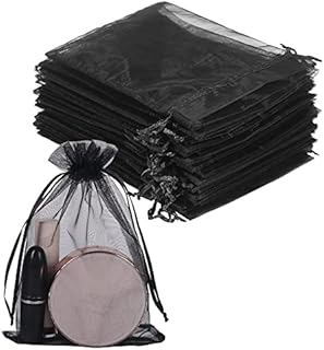 YQL 100PCS Black Organza Gift Bags 13X18cm, 5 x 7 Inches Mesh Wedding Favour Bags with Drawstring for Jewelry Makeup Candy Baby Shower Christmas Halloween Packing
