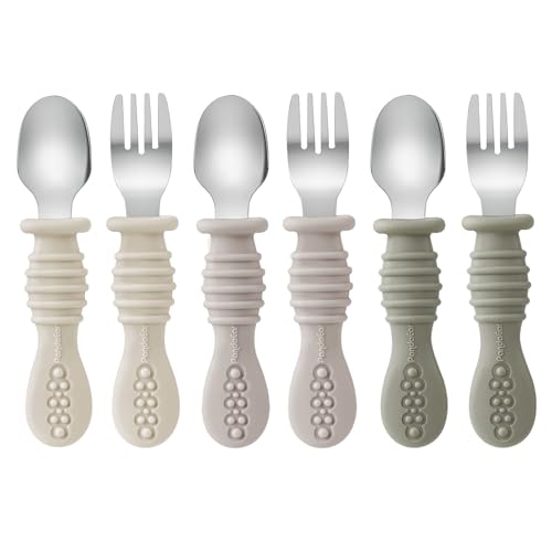 PandaEar Set di 6 forchette e cucchiaio per bambini, in silicone e acciaio inox, senza BPA, colore: noce, lino, marrone