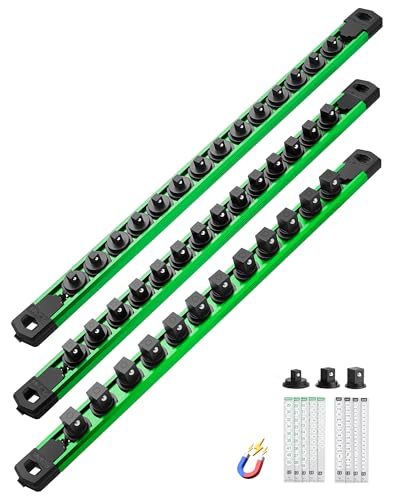 Image of ALOANES Magnetic Socket Organizer Set, 3-Piece Heavy Duty Aluminum Socket Rails, 360 Swivel Clips Socket Rail Kit for Tool Tray Drawer Fit 1 /2, 3 /8, 1 /4-Inch x 40 Clips (Green, 3PC)