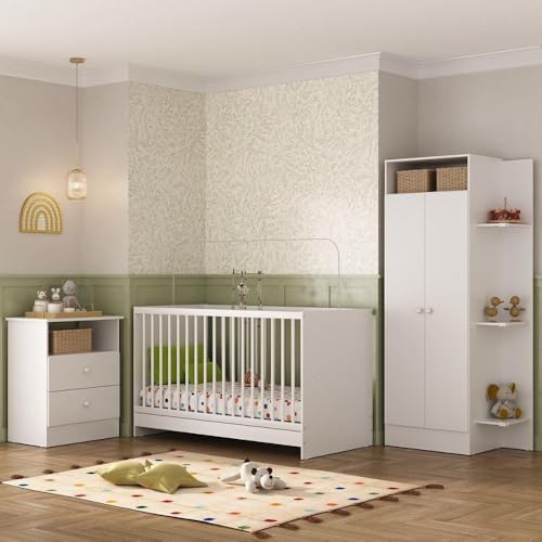 Jogo de Quarto de Bebe Infantil Completo Trevalla Móveis Pom Pom com Colchão Incluso Branco