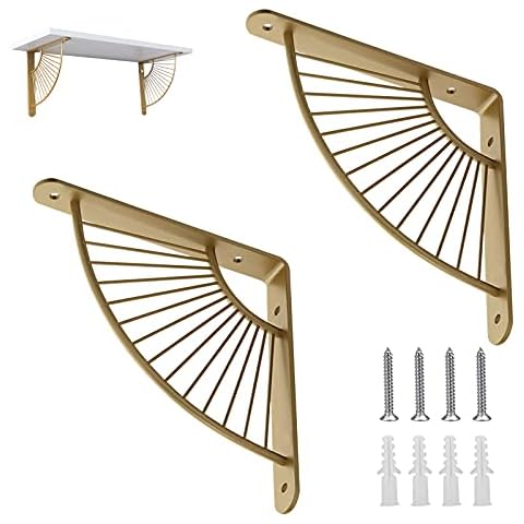 LMYDIDO 2PCS Shelf Brackets, Gold/Black Metal Craft Sector Shelf Brackets, Heavy Duty Home Decoration Storage Shelf Support with Screws (20cm, Gold) Cover
