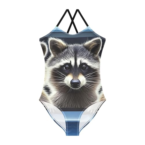 CHIFIGNO Funny Raccoons Swim Suits for Girls Quick Dry Crossback One Piece Swimming Suits with Adjustable Strap 3T