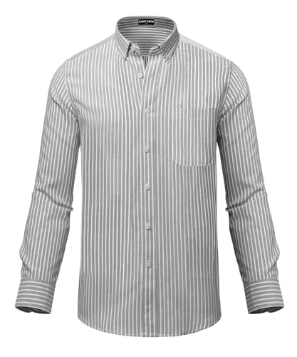 Mauro Kane Men's Long Sleeve Oxford Shirts Casual Business Classic Striped Shirt 100% Cotton Non Iron Button Down Shirt with Pocket, Grey-XL