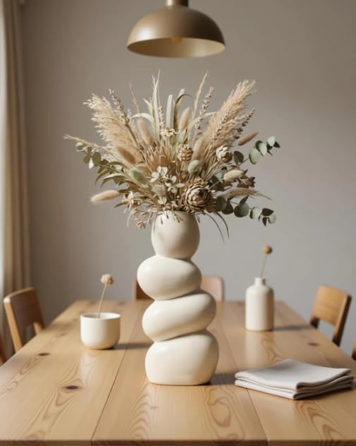 Ceramic Vase Stacked Design Matte White Finish, 6 Inch | Modern Home Décor, Dried Flowers Use, Living Room & Office, Centre Table Display, Artificial Flowers Use-image-17