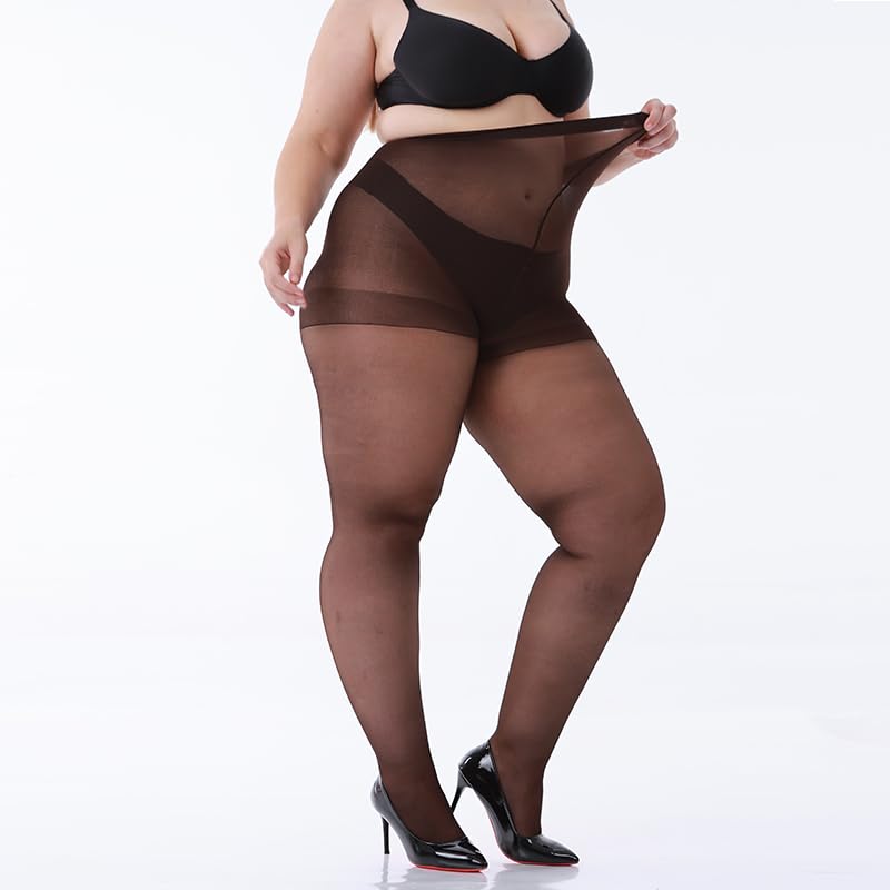 Image of LADYFAN 3 Pairs Plus Size Women's Sheer Tights 20D High Waist Control Top Pantyhose with Reinforced Toes