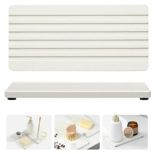 Razborci 2PCS Diatomite Quick Stone Drying Tray Mat for Bathroom & Kitchen Counter, Instant Dry Water Absorbent Drink Bar Coasters,Vanity Sink Caddy Organizer,Dish Soap Sponge Holder, Ivory,8"x3.8"