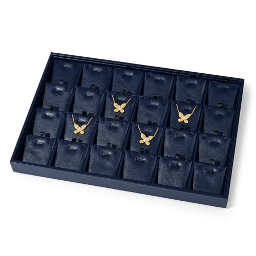 Leather Necklace Tray Jewelry Display Tray 24 Grids Necklace Display Trays Necklace Storage for Drawers With Removable Jewellery Cards Necklace Pendant Tray (Blue
