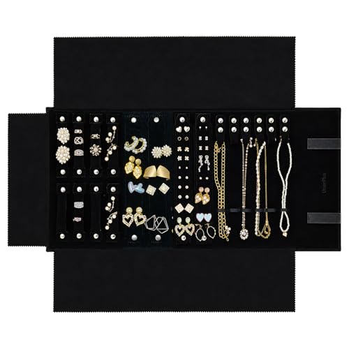 Image of UnionPlus Velvet Jewelry Roll Organizer, Travel Jewelry Case with Multiple Compartments for Rings Earrings Necklaces Bracelets, Compact Portable Jewelry Storage