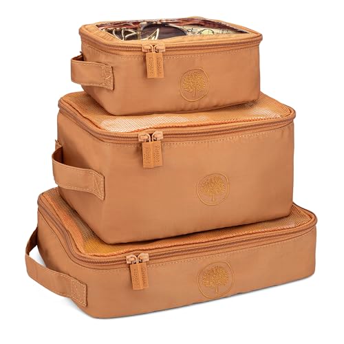 Parker Baby Co. Lightweight Packing Cube Set 3-Pack | Collapsible, Durable, Mesh & Clear Top | Travel Organizer for Diaper Bags, Luggage - Camel/Desert Star