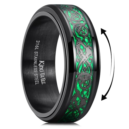 King Will 316L Stainless Steel Spinner Fidget Ring for Mens- 8mm Fidget Stress Relieving Anxiety Ring with Black Celtic Dragon Green Carbon Fiber Inlay, Comfor Fit Wedding Band Ring Size 9