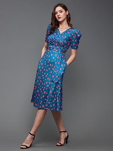 Miss Chase Women's V-Neck Pleated Puff Sleeve Floral Patterned Wrap With Pockets Midi Polyester Dress(Mcss23D98-53-163-06, Blue, Xl)