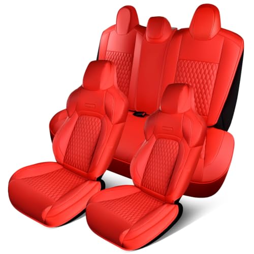 Image of Coverado Car Seat Covers for Tesla Model 3, Full Set 5 Seater, Leatherette Car Seat Covers Front Seats and Rear Back Custom for Tesla Model 3 2024-2025 New Red