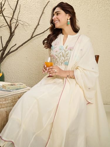 Image of INDO ERA Women's Pure Cotton Embroidered A-Line Kurta & Pant with Dupatta Set | Cotton kurta sets for women