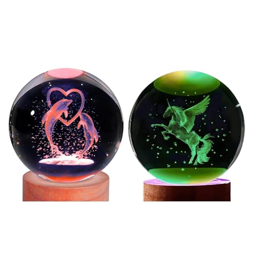 Image of 2 Pcs Magical Unicorn & Heart Dolphin 3D Crystal Ball Lamp | Enchanting Crystal Night Light with USB & Wooden Base | Perfect Home Decor & Office, A Unique Gift for Kids & Girls