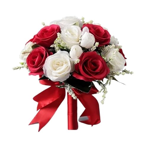 Brautstrauß, Brautjungfer, Hochzeitsstrauß, weiße Seidenblumen, Rosen, Hochzeitszubehör, Mariagestrauß, künstliche Blume (rot)