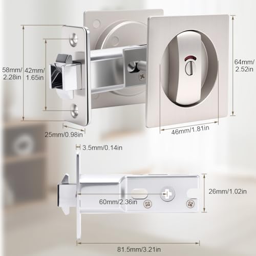 Cerradura para puerta corrediza de bolsillo Ejoyous con tirador lateral, aleación de zinc, indicación de privacidad rojo y verde, diseño empotrado para cocina, dormitorio y baño, acabado plateado miniatura 3