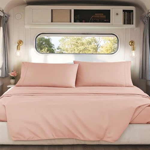 Image of Nestl Blush Pink Short Queen Sheets for RV, Hotel Luxury RV Queen Sheets Set, 4 Piece Fitted Bed Sheet Set and Pillowcases, Super Soft, Wrinkle-Free, and Breathable Camper Bedding