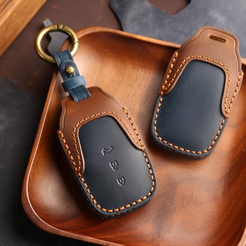 Image of Keyzone Dual Leather Key Cover for Toyota Fortuner, Legender, Land Cruiser, Innova HyCros, 3 Button Smart Key (Blue-Brown)