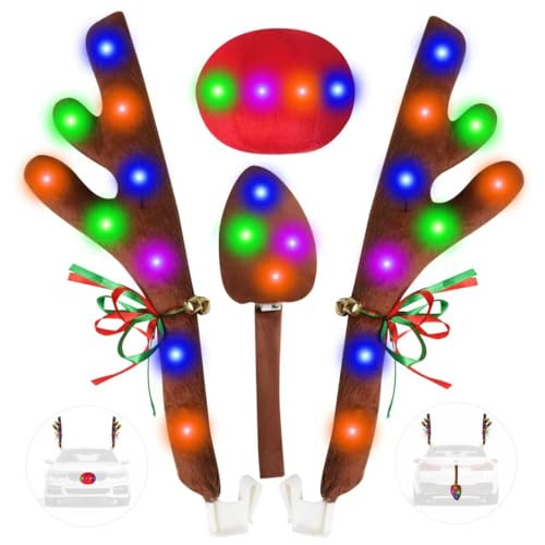 Image of Christmas Reindeer Antlers Car Decoration Kit with LED Multicolor Lights, Top & Grille Xmas Auto Decoration Rudolph Reindeer with Red Nose,Tail & Jingle Bel